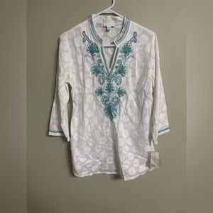 Charter Club Embroidered Beaded Tunic Top White Size Small New 100% Cotton